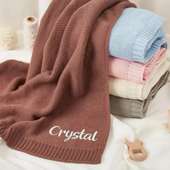 Personalized Name Baby Knitted Blanket Cotton 100x80cm Skinfriendly Warm born Wraps Custom for Winter 240703