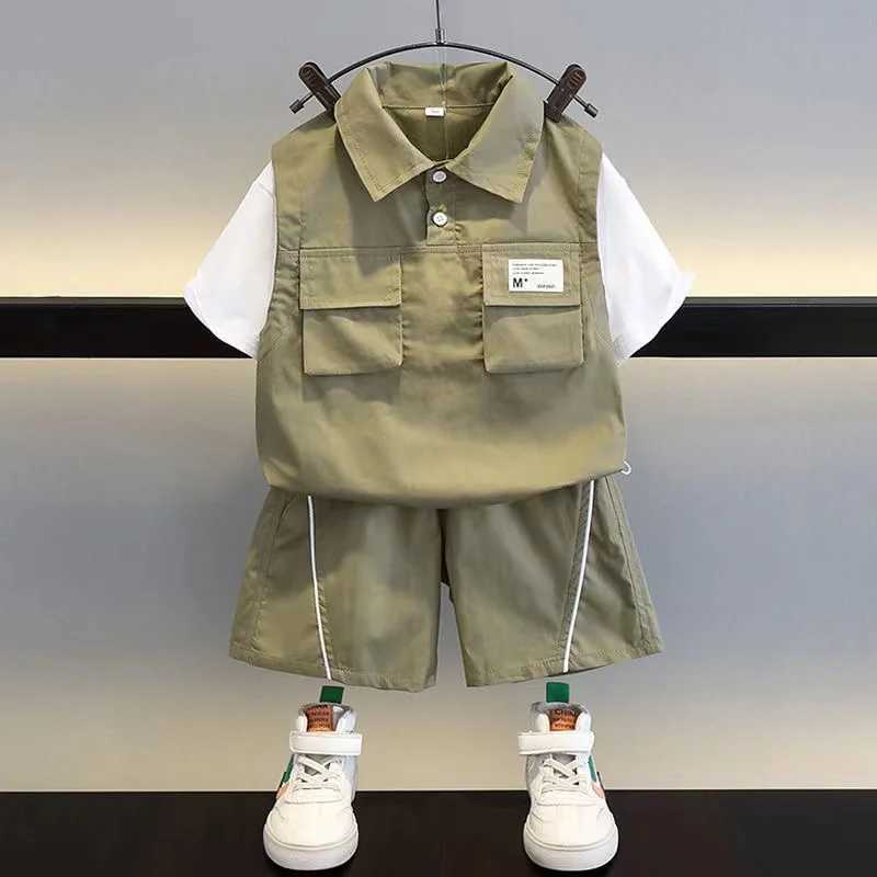 Clothing Sets Boys Summer Short sleeved Set 2024 New Fashionable Baby Summer Clothing Childrens Handsome Casual Childrens Wear 2 Pcs