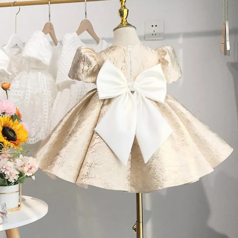 Baby Girl Princess Dress with Puff Sleeves Baby Toddler Youth Bow Visco Gold Party Birthday Ball Dress Christmas Baby Clothing 1-14Y 240704