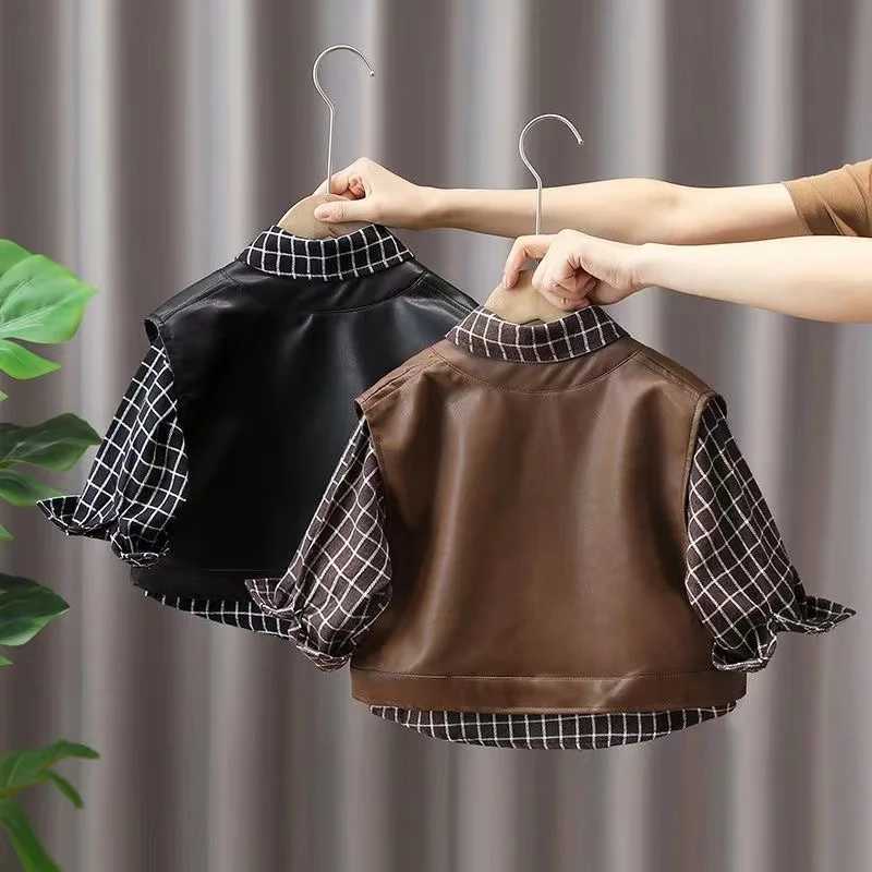 Clothing Sets Boys Spring And Autumn Set 2024 New Fashion Childrens Pu Vest+Shirt Two piece Set For Boys And Babies Fashion Two piece Set