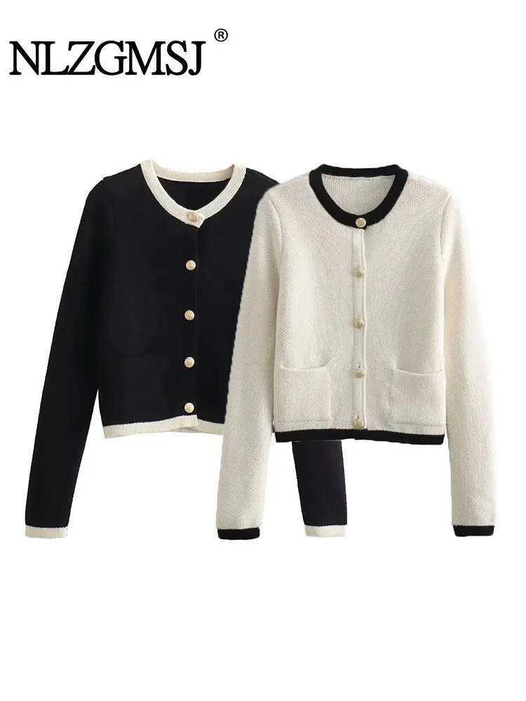 TRAF Autumn Cropped Cardigans For Women Single Breasted Sweater Knitted Woman Long Sleeve Knitwear Coat 240701