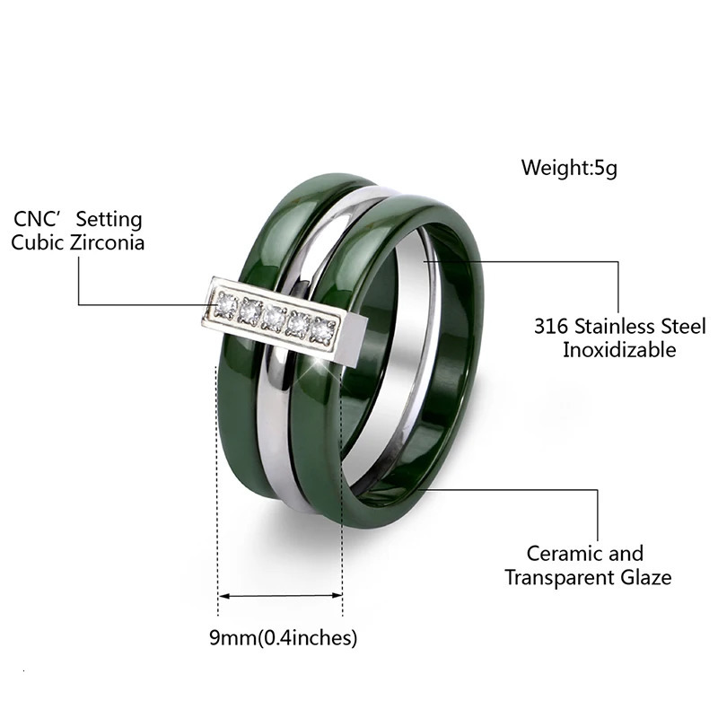 Trendy Green Yellow Ceramic Rings With Bling Rhinestone Three Layers Stainless Steel Rings Never Fade Fashion Jewelry 240626