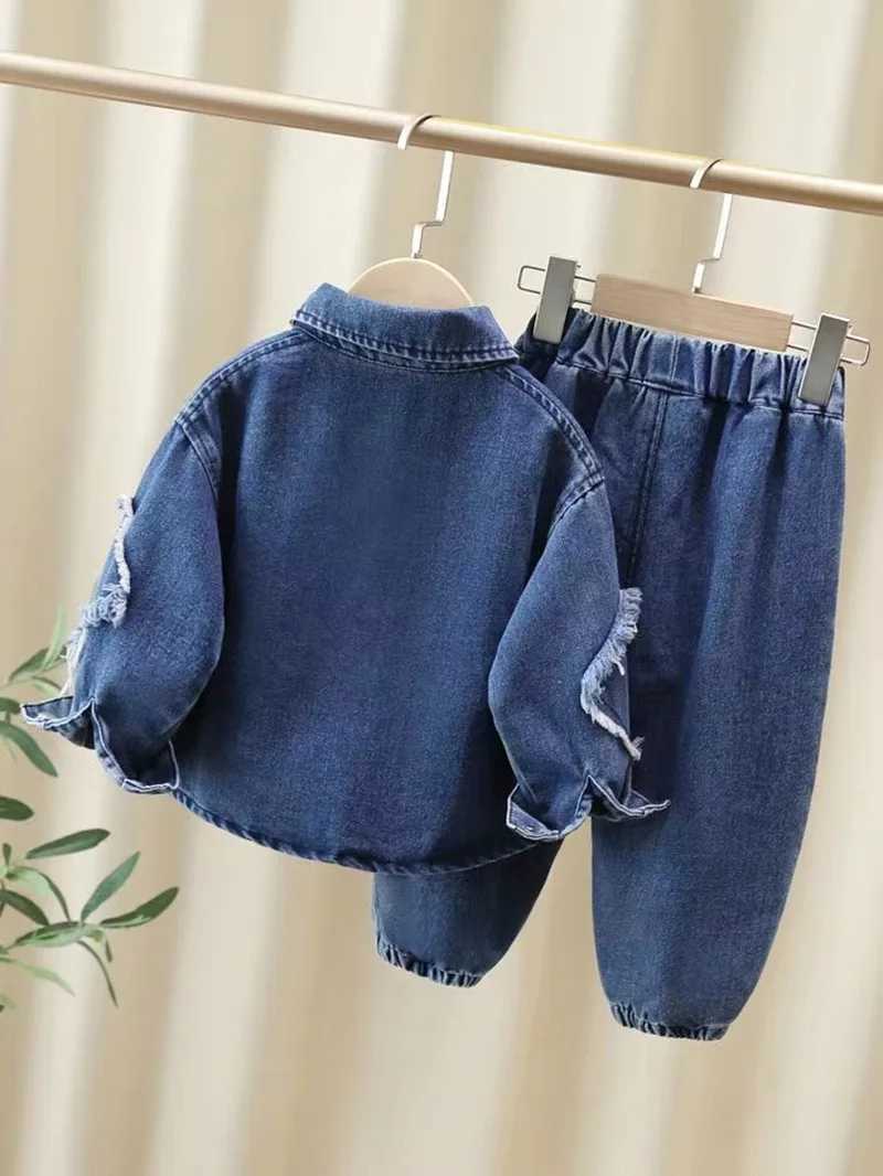 Clothing Sets Childrens Spring and Autumn Clothing Set 2024 New Fashionable Boys and Girls Cowboy Two Piece Set for Boys Thin Top