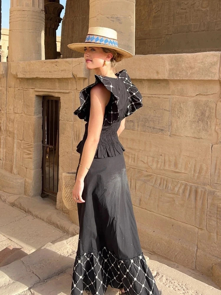 Women Elegant Flying Sleeve Printed Top 2 Piece Sets Summer Chic O Neck Tee Wrap Waist Long Skirt Suit Outfits 240704