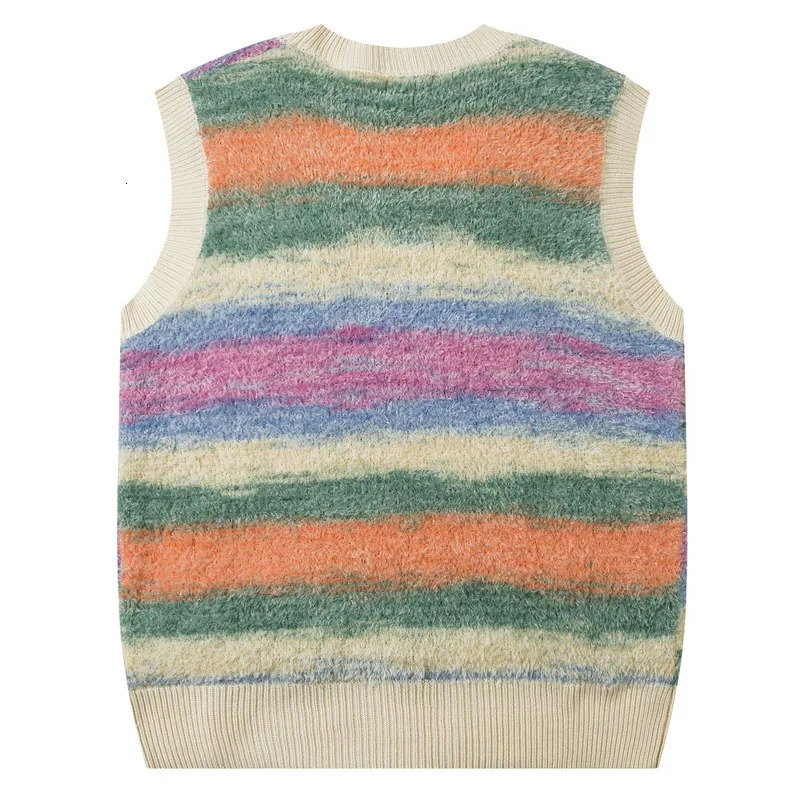 Harajuku Plush Sweater Vest Men Women Gradient Striped Loose Sleeveless V-neck Pullover Autumn Winter Korean Casual Sweaters 240704