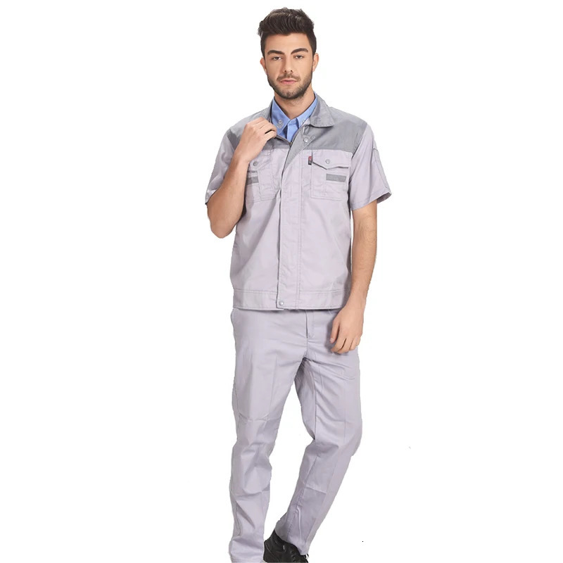 Men Women Summer Workwear Factory Workshop Uniforms Work Clothes Set Short-sleeve Coveralls Contrast Color 240704