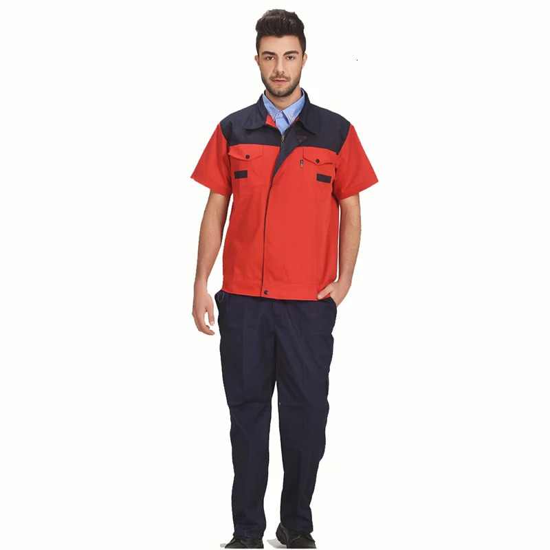 Men Women Summer Workwear Factory Workshop Uniforms Work Clothes Set Short-sleeve Coveralls Contrast Color 240704