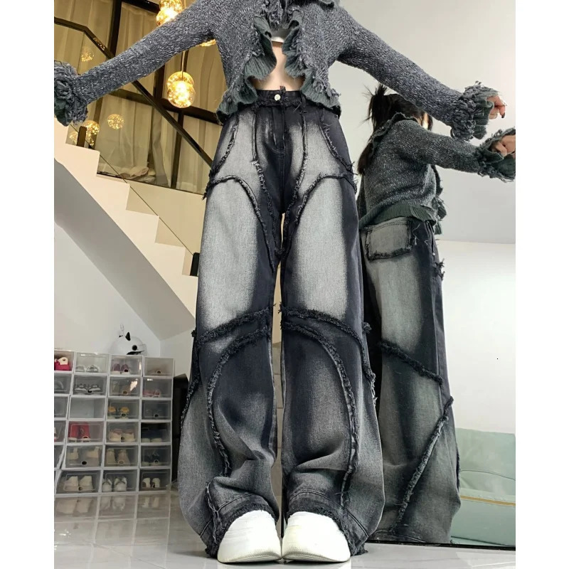 Black High Waist Women Jeans Hip-hop Style Fashion Vintage Streetwear Y2K Wide Leg Jean 2024 Female Trouser Baggy Denim Pants 240703