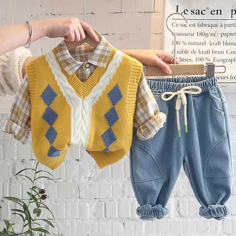 Clothing Sets Korean 2024 New Baby Boy Clothing Sets Autumn For Children Cotton Fashion Pants Shirt+Vest 3pc Kids Clothes Boy Suit 1-5Y