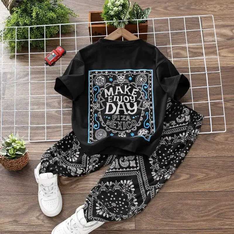 Clothing Sets 3-15Y Childrens Clothing Set Summer New Boys Baby Thin Cashew Flower Short Sleeve T-shirt Pants 2 Piece Set Kids Outfits