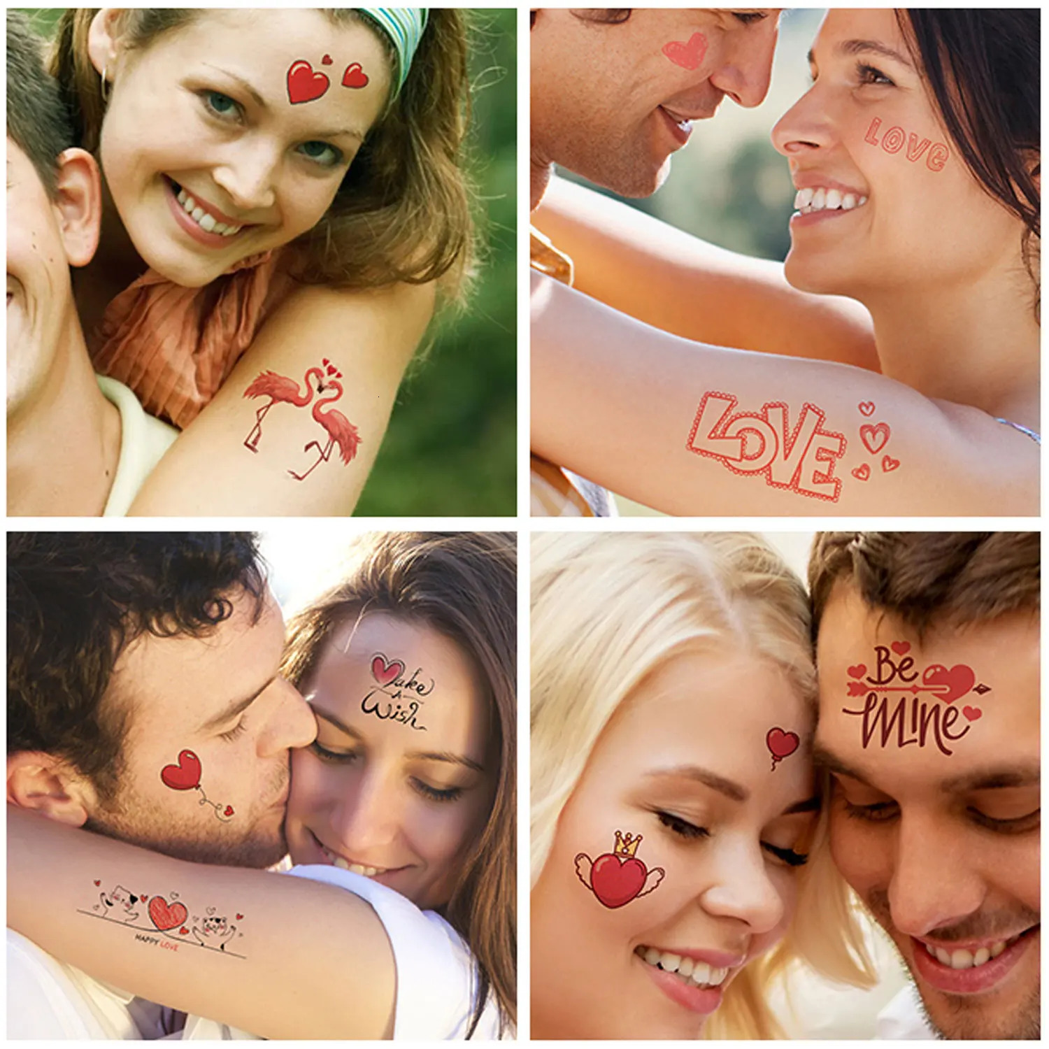 10 Valentines Day couple tattoo stickers rose love heart gift cake pattern temporary tattoo waterproof for 2-5 days 240705