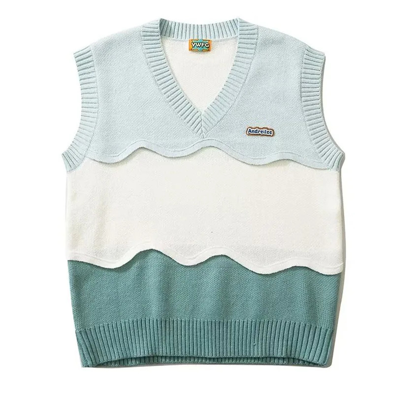 College Knitted Vest Sweaters Men Women High Street Casual Color Block V-neck Sleeveless Sweater Loose Casual Pullover Tops 240704