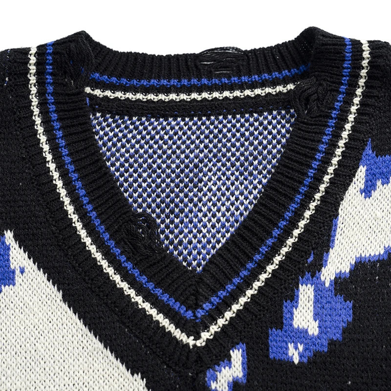 Harajuku retro black blue tassel jumper knitted sweater vest oversized Korean sleeveless sweater grandpa ugly sweater women Y2K 240704