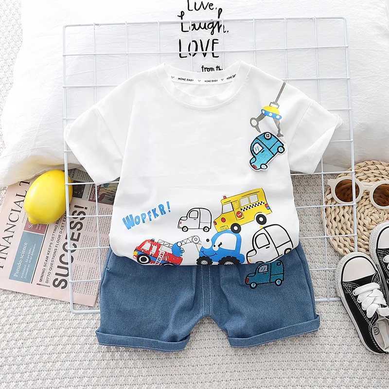 Clothing Sets Kids Baby Boys/Girls Summer Clothes Kids Cartoon Car Cotton T-shirt Denim Shorts 2Pcs Suit Childrens Wear Leisure sports Sets