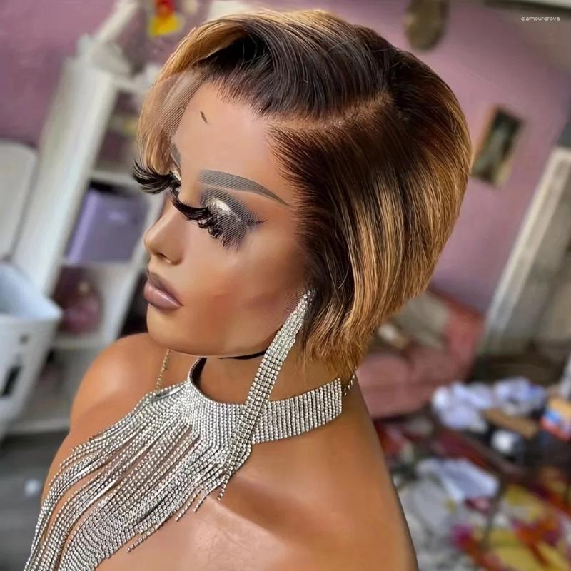 13x4x1 Highlight Pixie Cut Lace Front Wigs Human Hair For Black Women Side Part Short Bob Glueless 6 Inch