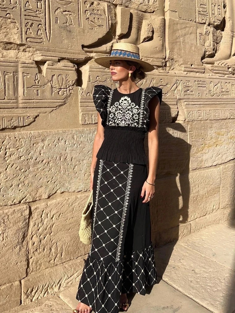 Women Elegant Flying Sleeve Printed Top 2 Piece Sets Summer Chic O Neck Tee Wrap Waist Long Skirt Suit Outfits 240704