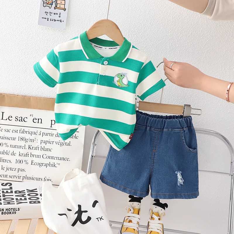 Clothing Sets Fashion Summer Kids Baby Boys Striped Dinosaur Suits Short Sleeve T-Shirt +Shorts Casual Clothes Outfit Girls Clothing 2PCS/Set