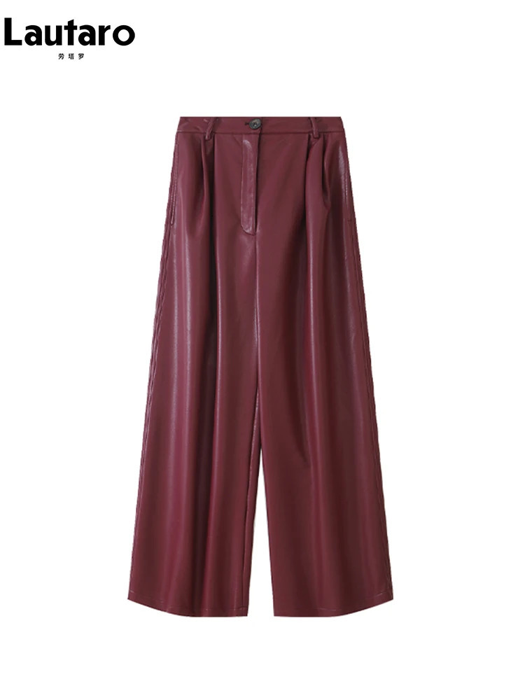 Lautaro Spring Autumn Loose Casual Soft Black Burgundy Pu Leather Wide Leg Pants for Women High Waist Korean Style Fashion 240704