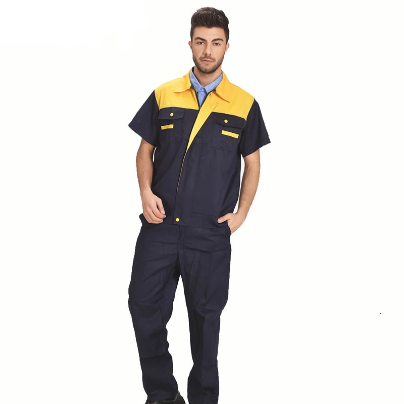 Men Women Summer Workwear Factory Workshop Uniforms Work Clothes Set Short-sleeve Coveralls Contrast Color 240704