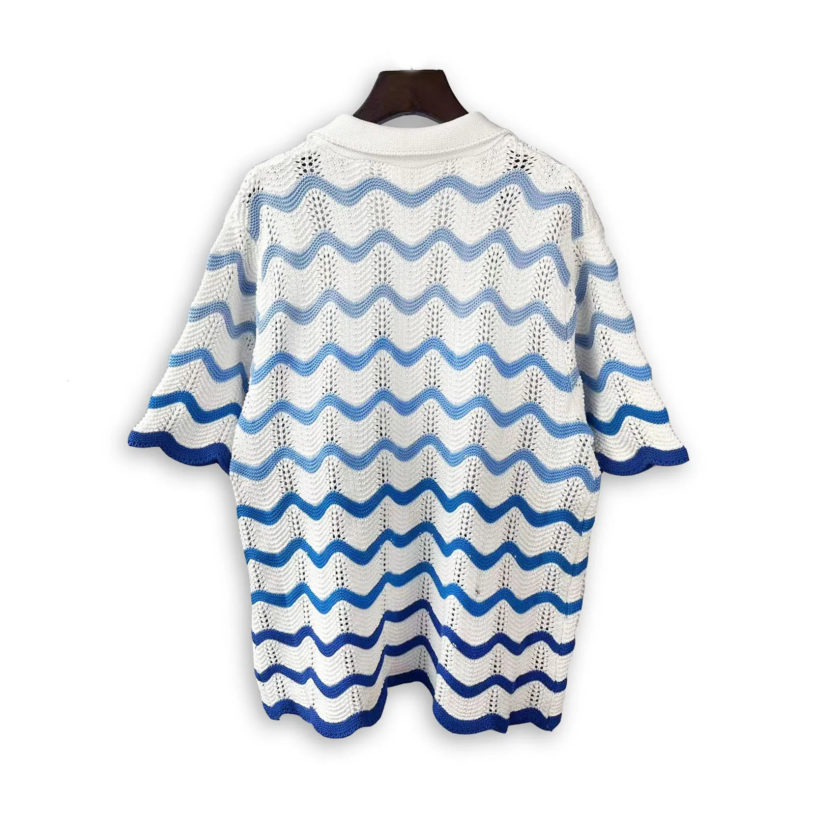Vintage Y2k Jacquard Short Sleeve Cardigan Sweater Sets Blue Wave Striped Mesh Knit 2 Piece-Set Tracksuit Oversized Summer Beach 240626