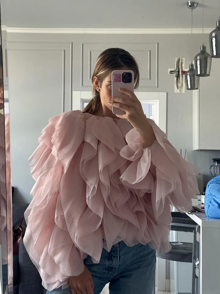 TWOTWINSTYLE Solid Patchwork Folds Shirts For Women Round Neck Lantern Sleeve Spliced Lace Up Loose Pullover Blouse Female Style 240703