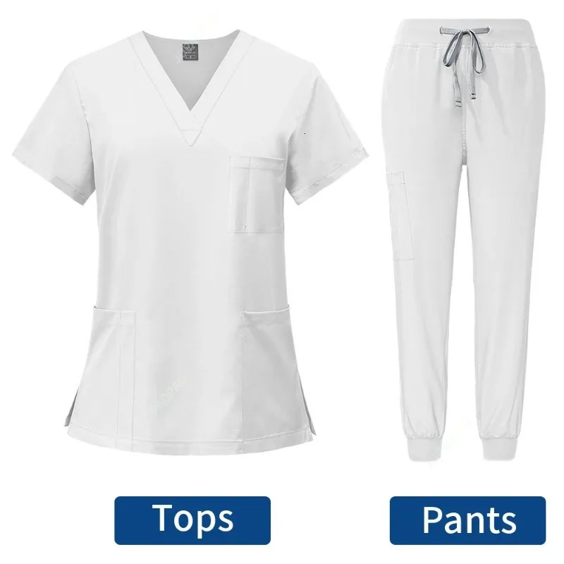 Women Uniforms Hospital Scrubs Sets V neck Tops Pant Nurses Accessories Dental Clinic Beauty Salon Spa Workwear Clothes 240704