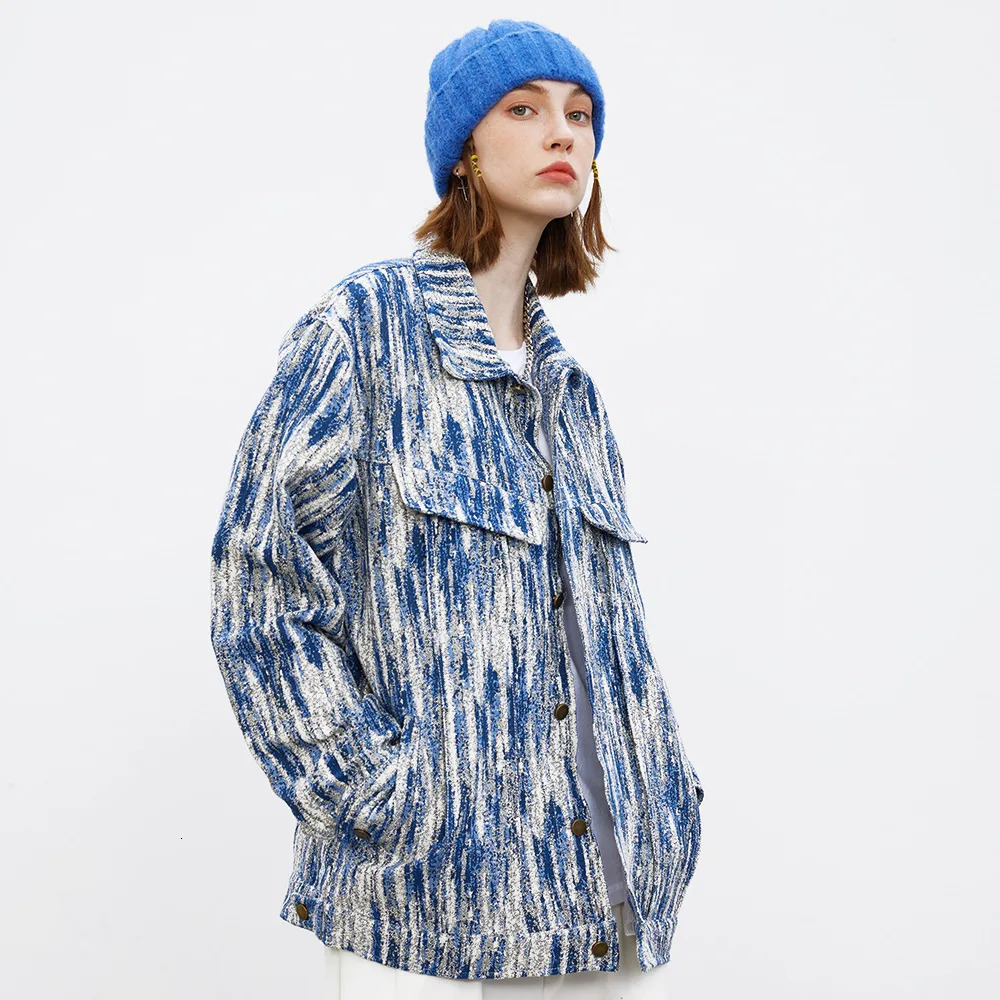 Hip Hop Tie Dye Gradient Denim Jacket Mens and Womens Oversized Casual Thick Thread Woven Jacquard Jacket European and American 240701