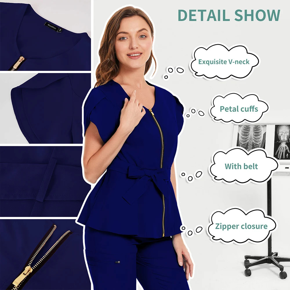 Slim Fit Unifrom Wholesale Nurse Uniform High Quality Belt Solid Color Scrub Tops Beauty Salon Workwear Doctor Shirt 240704