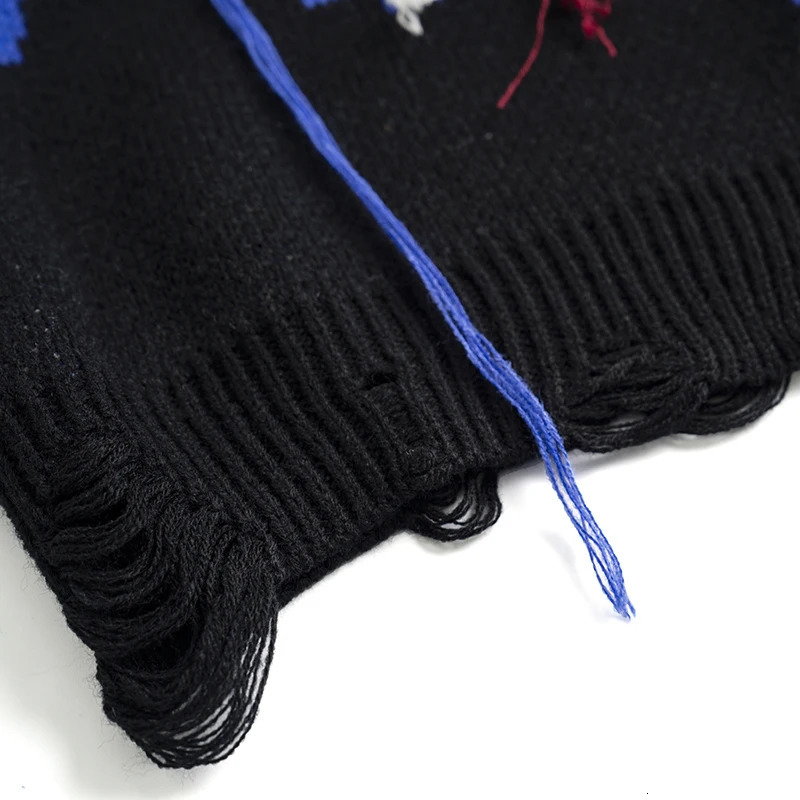 Harajuku retro black blue tassel jumper knitted sweater vest oversized Korean sleeveless sweater grandpa ugly sweater women Y2K 240704