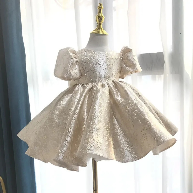 Baby Girl Princess Dress with Puff Sleeves Baby Toddler Youth Bow Visco Gold Party Birthday Ball Dress Christmas Baby Clothing 1-14Y 240704