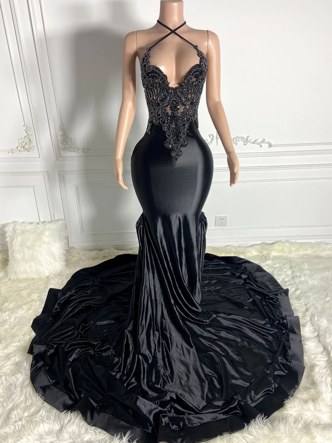 Black Halter Women Long Prom Dresses For Black Girls Luxury Mermaid Diamond African American Prom Gowns Evening Gala Party Dresses J052