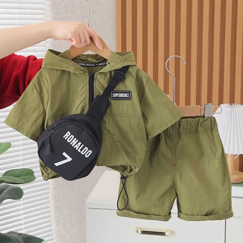 Clothing Sets 2023 Summer Baby Boys Clothing Sets Kids Zipper Hooded Jacket Shirts Shorts Bag 3Pcs Children Casual Outfits Toddler Sportswear