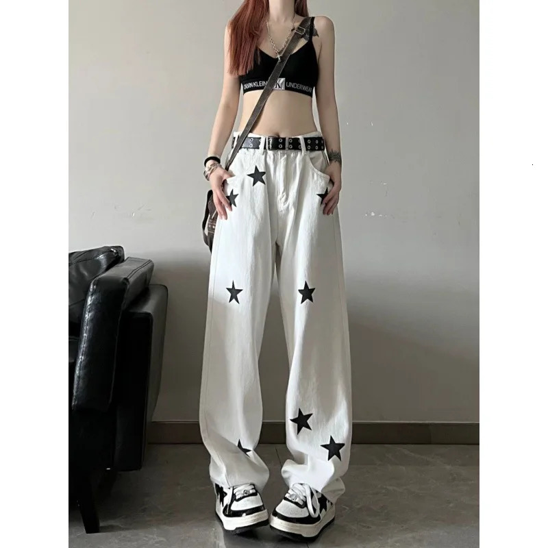 High Street Star Print White Black Jeans Womens Denim Pants Korean Fashion Streetwear Y2k Clothes Pant Clothing High Waist 240704
