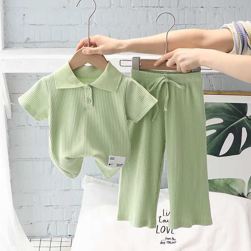 Clothing Sets Girls Summer Clothing Suit Children Short-Sleeved Polo Shirt Wide Leg Pants 2Pcs Sets Baby Loungewear Fashion Pit Stripe Outfits IXVU