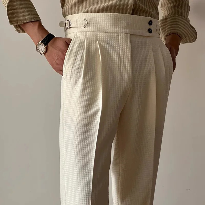 Vintage Belt-up High Waist Trousers Men Spring Summer Fashion Solid Color Waffle Breathable Pants Mens Old Money Aesthetic Pants 240701