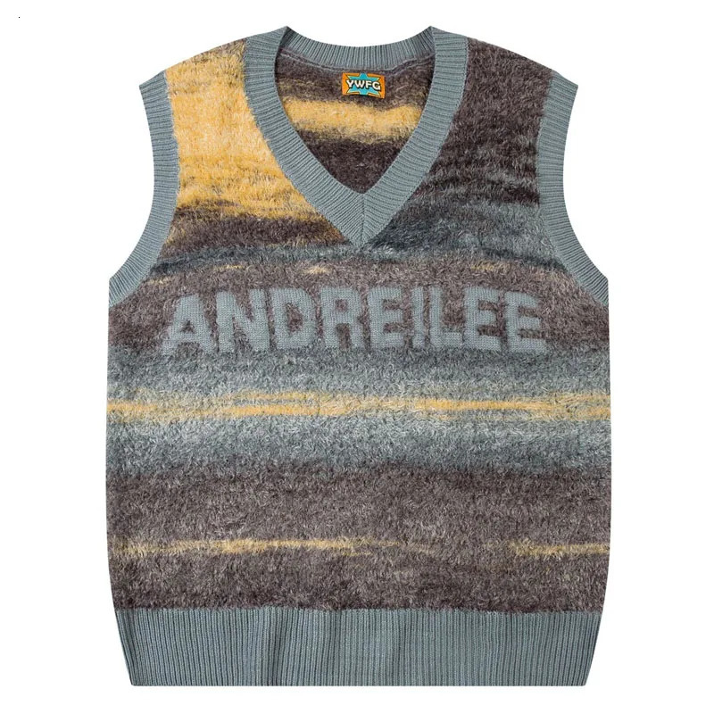 Harajuku Plush Sweater Vest Men Women Gradient Striped Loose Sleeveless V-neck Pullover Autumn Winter Korean Casual Sweaters 240704