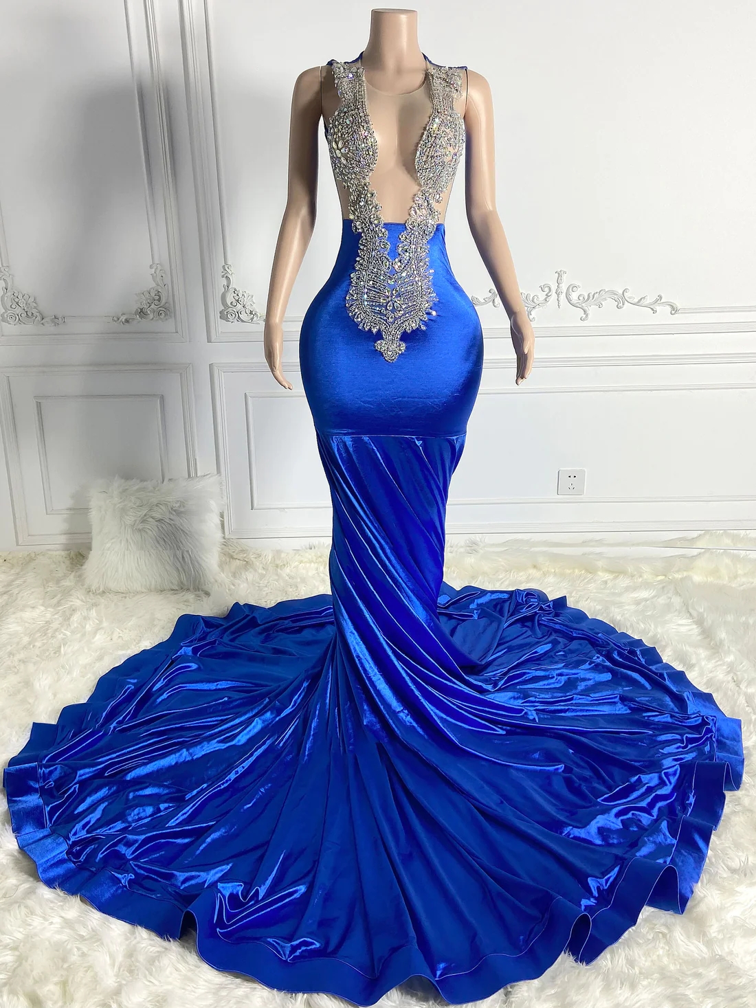 Royal Blue Sheer Women Long Prom Dresses For Black Girls Luxury Mermaid Diamond African American Prom Gowns Evening Gala Party Dresses J056