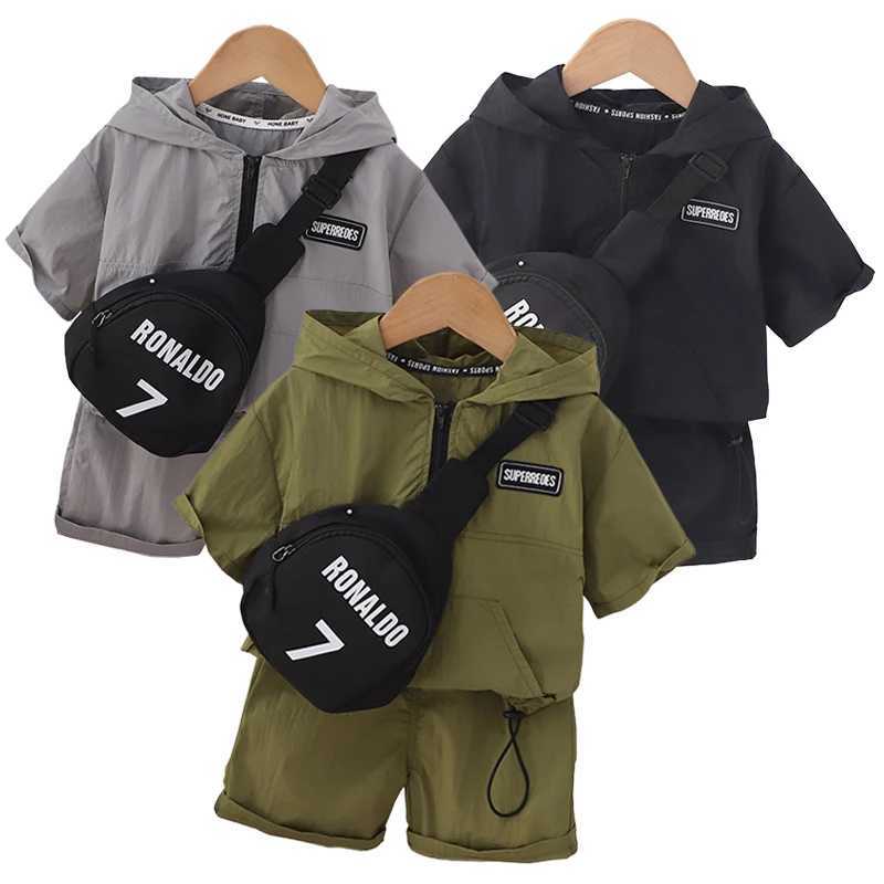 Clothing Sets 2023 Summer Baby Boys Clothing Sets Kids Zipper Hooded Jacket Shirts Shorts Bag 3Pcs Children Casual Outfits Toddler Sportswear