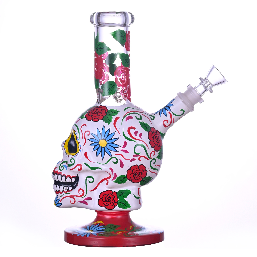 9.4in HippiesGlass,Hand Drawn Terror Skeleton Glass Beaker Bong,Cute Flower Bong,Borosilicate Glass Water Pipe,Glass Hookah,Handmade Crafts,Smoking Ac