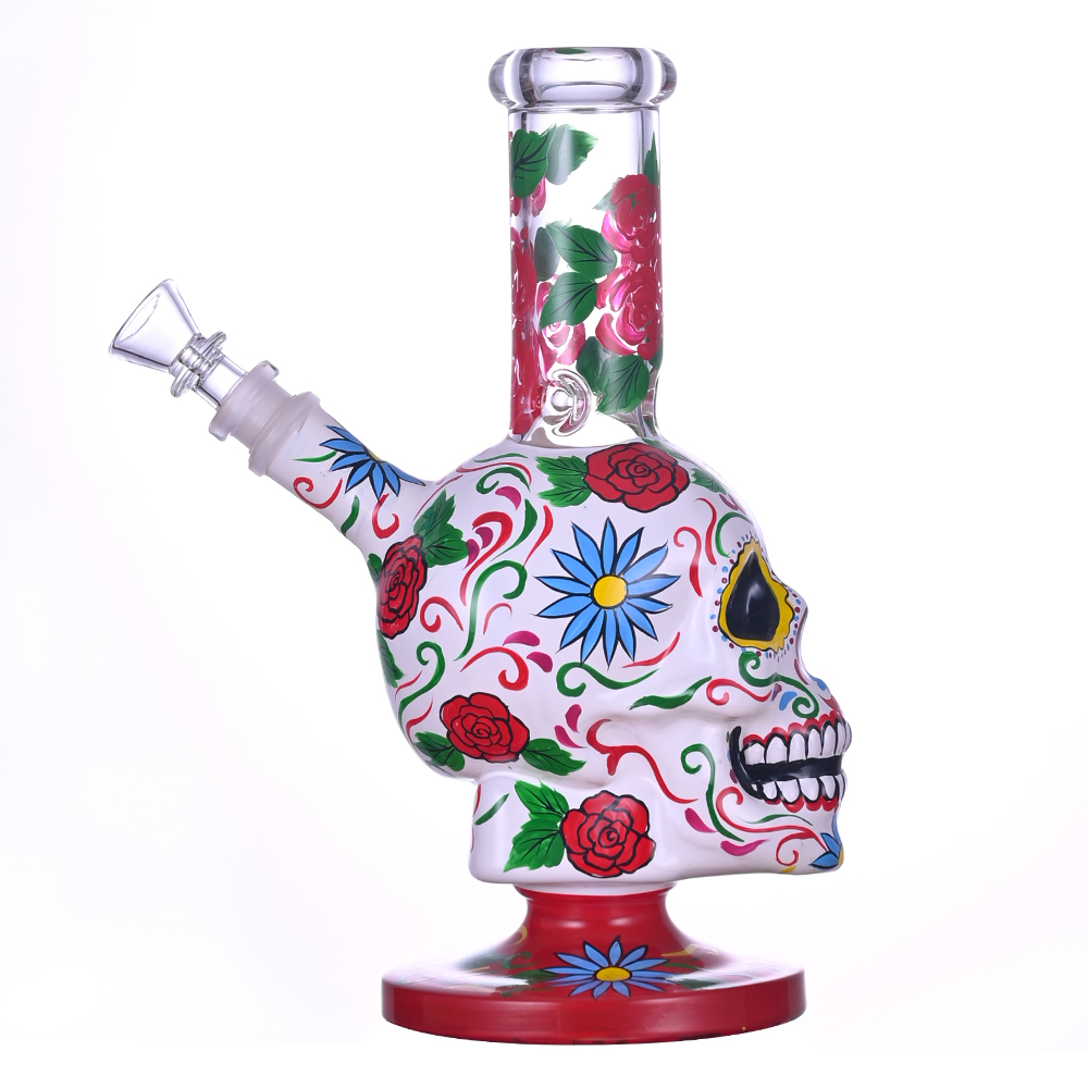 9.4in HippiesGlass,Hand Drawn Terror Skeleton Glass Beaker Bong,Cute Flower Bong,Borosilicate Glass Water Pipe,Glass Hookah,Handmade Crafts,Smoking Ac
