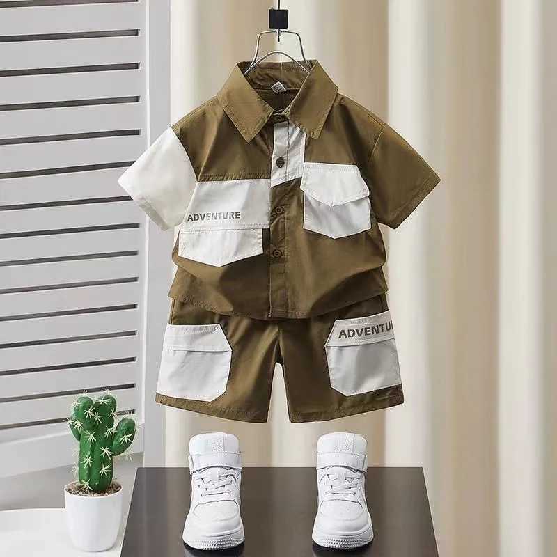 Clothing Sets Boys Shirt Short Sleeve Set 2024 New Fashionable Baby Thin Summer Clothing Childrens Handsome Two Piece Set