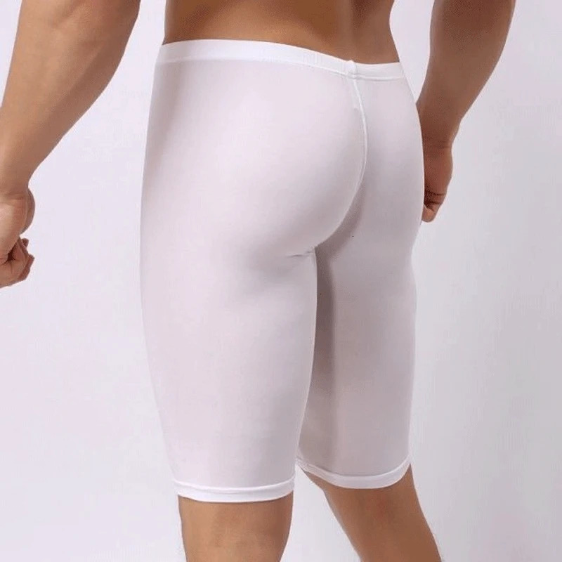 Mens Ice Silk Ultra-thin Bottom Shaping Summer Low Waist Sexy Transparent Tight-fitting Five-point Solid Color Bodysuit Pants 240703