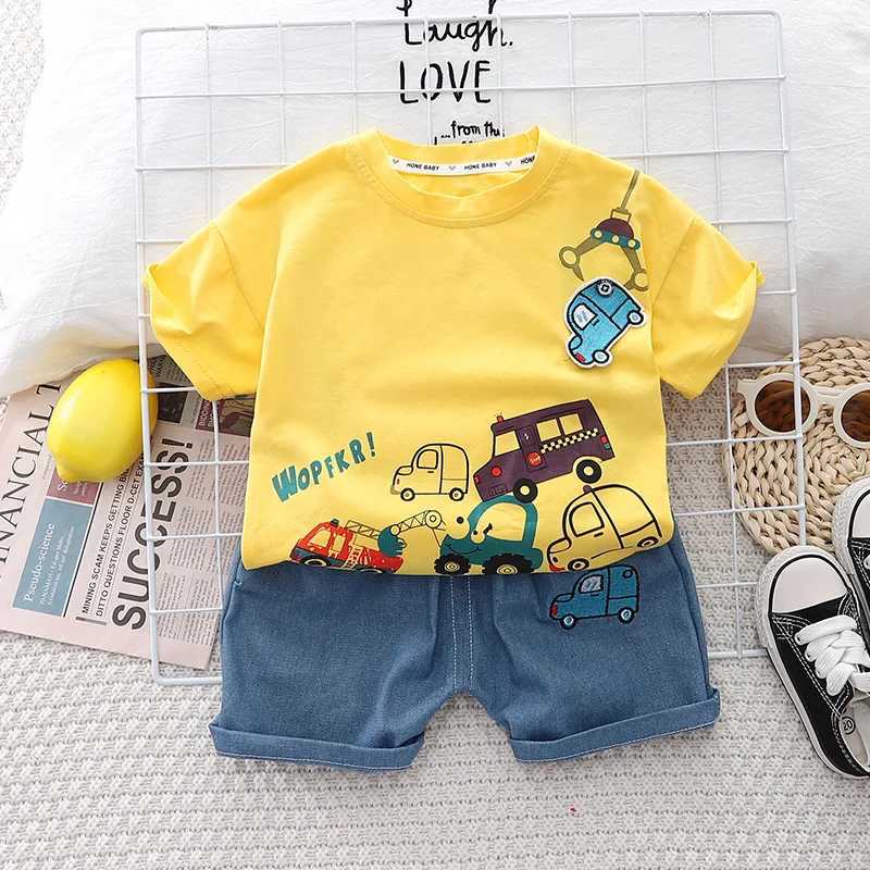 Clothing Sets Kids Baby Boys/Girls Summer Clothes Kids Cartoon Car Cotton T-shirt Denim Shorts 2Pcs Suit Childrens Wear Leisure sports Sets