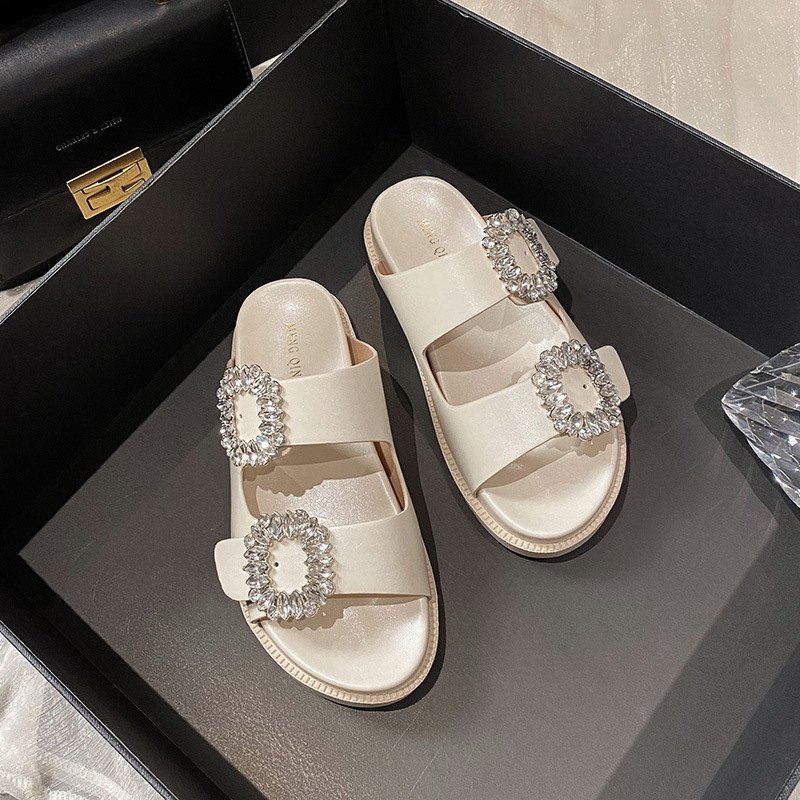 Rutep slippers are worn over women's rhinestone square buckles open toe double loops platform sandals and large size women's shoes apricot 4