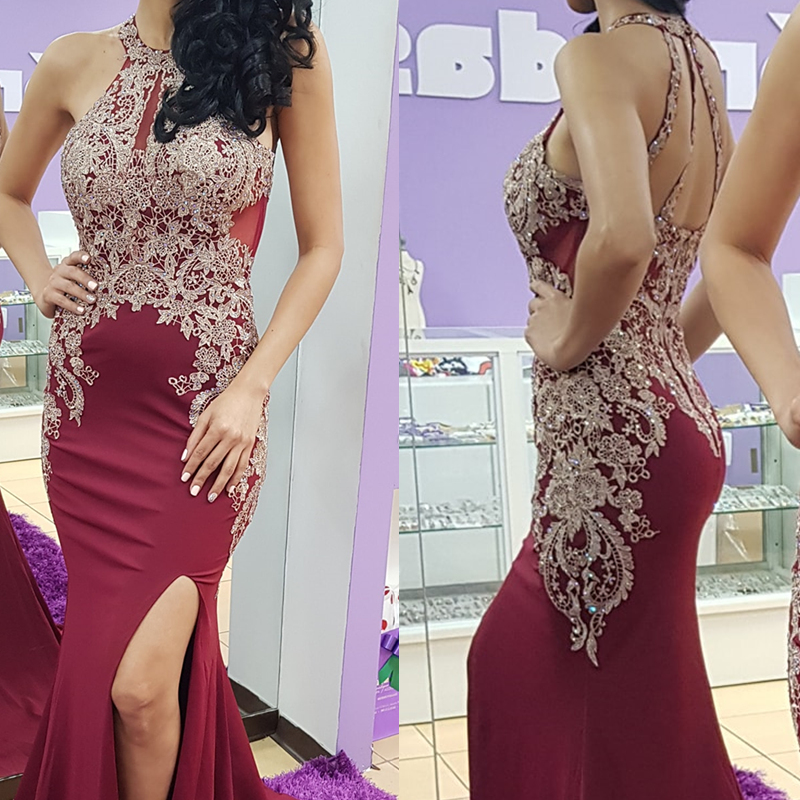 Halter Backless Mermaid Prom Dresses Lace Appliques Sleeveless Long Burgundy Satin Evening Gowns Side Slit Charming Birthday Party Dress Special Occas