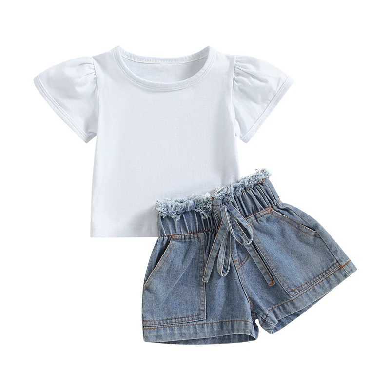 Clothing Sets 2023-03-07 Lioraitiin 0-4Years Toddler Baby Girls 2Pcs Summer Outfit Short Sleeve T-shirt Elastic Bandage Denim Shorts Set R240708