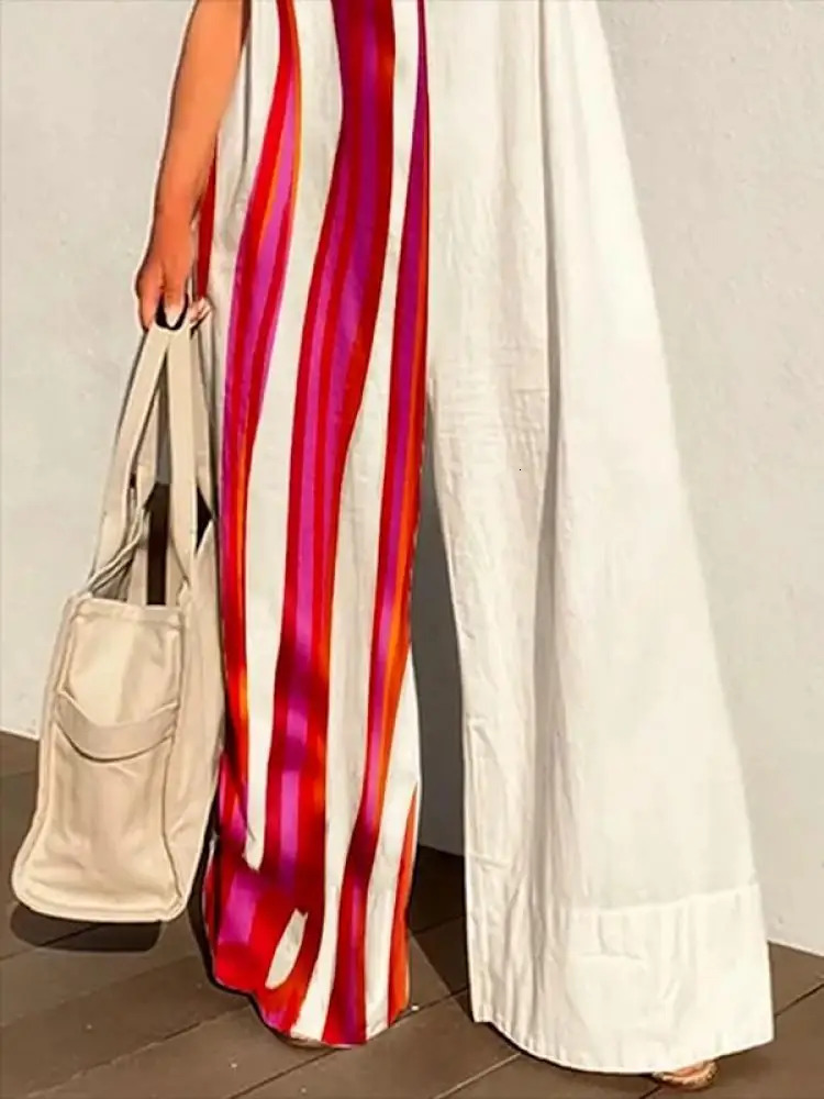 Missuoo Womens Cotton and Linen Jumpsuit Round Neck Sleeveless Striped Loose Onesie 2024 Summer Casual Streetwear Wide Leg Suit 240701