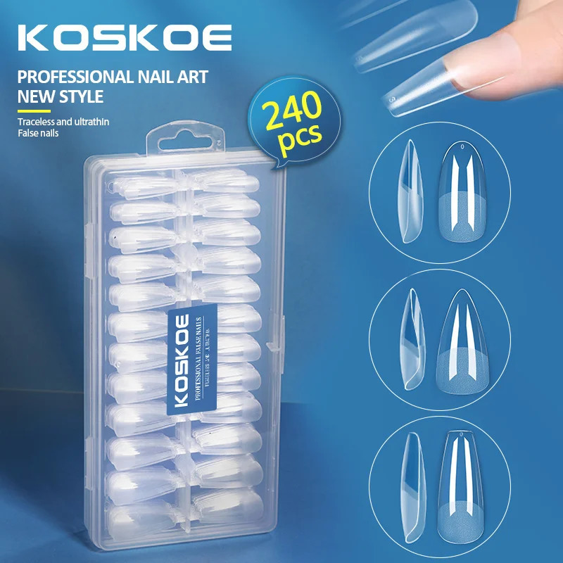 KOSKOE 240pcs/box pressed false nail coffin oval square semi matte full cover UV gel nail false tip capsule extension tool 240705