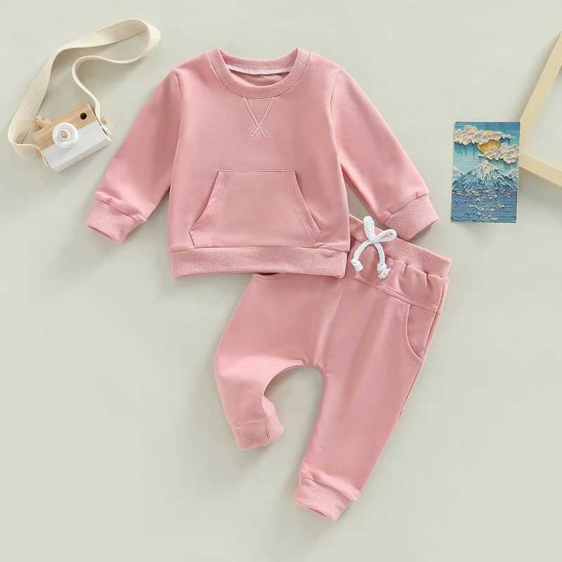 Clothing Sets 0-3Y Baby Autumn Clothes Set Girls Boys Solid Color Casual Outfits Toddler Kids Long Sleeve Pocket Sweatshirts Tops Pants Set R240708