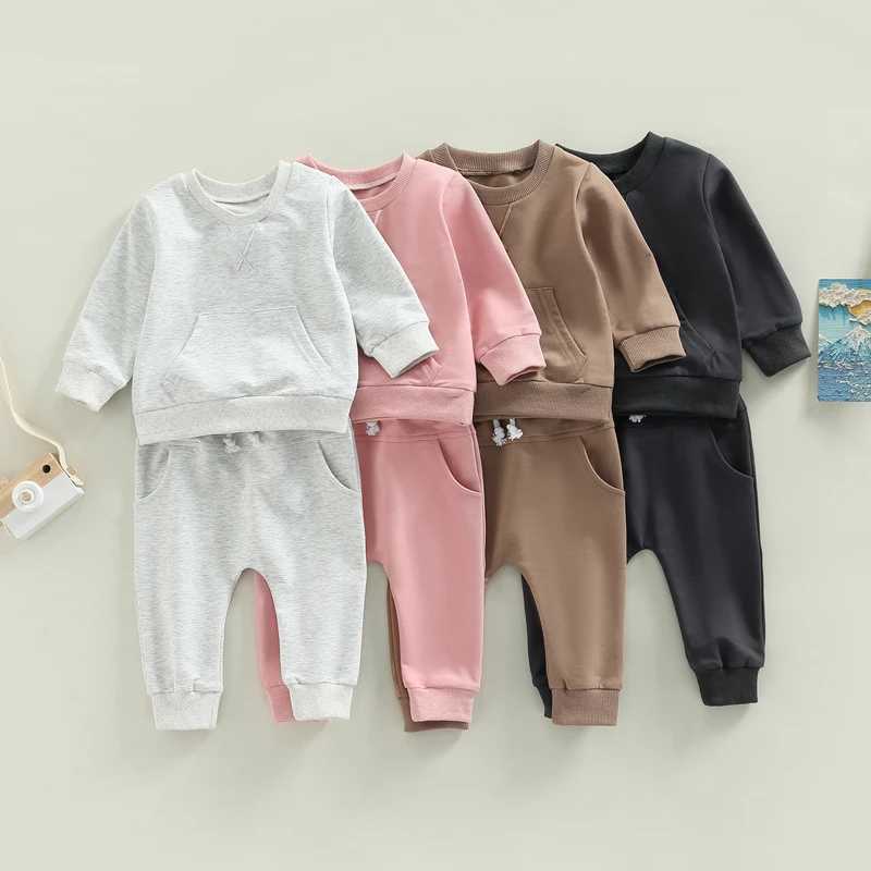 Clothing Sets 0-3Y Baby Autumn Clothes Set Girls Boys Solid Color Casual Outfits Toddler Kids Long Sleeve Pocket Sweatshirts Tops Pants Set R240708